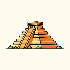 An illustrated depiction of a tiered pyramid with stairs and a flat top. The structure is colored orange and tan