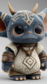 Charming 3d chibi goblin tinkerer with ancient tribal markings and textured attire