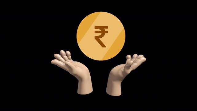 Indian Rupee coin between hands financial animation icon. 5 second smooth motion with transparent background, ideal for savings, investment, banking, donation, fintech apps, and money management.