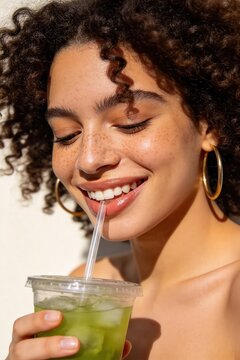 Sunlit Close-Up Lifestyle Portrait of a Young Woman: Curly Hair with Gold Hoop Earrings, Holding Iced Matcha Cup with Straw, Looking Down with a Playful Half-Smile, Visible Freckles and Natural Glowin