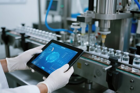  Close-Up of Technician's Hands in White Sterile Gloves Holding Digital Tablet in High-Tech Pharmaceutical Factory: Glowing Blue Futuristic UI Dashboard on Screen, Automated Production Line with Glass