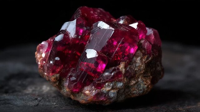 28Red Beryl gemstone macro close-up, intense crimson color, black background, rarity and luxury symbolism