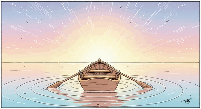 Wooden Boat Floating on Calm Water Surface.