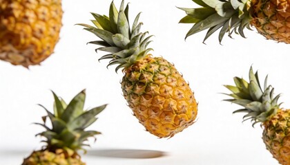 Fototapeta premium Several ripe pineapples suspended in mid-air against a clean white background