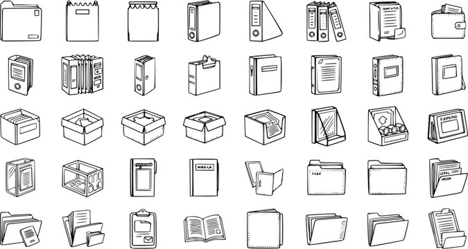 Hand-drawn office and business stationery icons set. Sketch vector illustration of documents, folders, binders, boxes, and storage items.