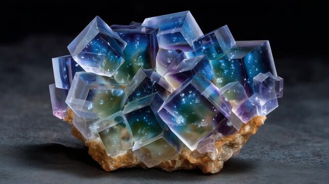 47Fluorite crystal cube formation macro photography, translucent pastel colors, scientific yet artistic style