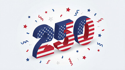 Obraz premium Three-Dimensional Illustration of number 250 textured with American flag, surrounded by falling confetti and stars, celebrating anniversary or milestone