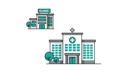 Modern hospital and clinic buildings vector graphic illustration with medical cross symbol design