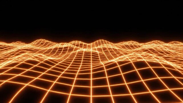 A vibrant orange glowing grid creates an abstract futuristic digital landscape.