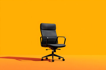 Obraz premium Sleek black ergonomic leather office chair centered against a vibrant solid orange studio background with dramatic side lighting and a long shadow, ideal for themes of leadership and modern workspace.