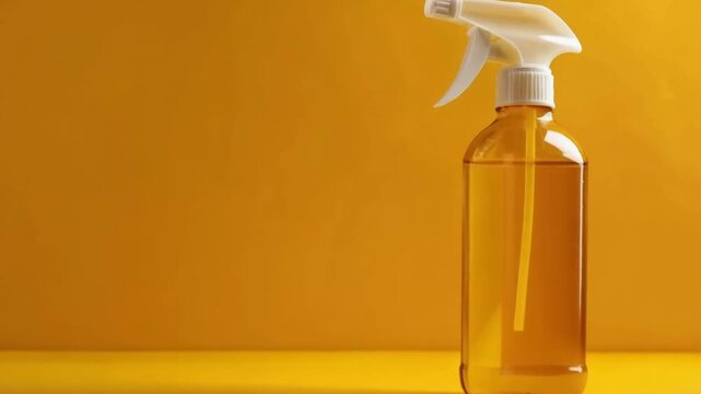 A bright bottle with a spray nozzle on a plain orange background will be an expressive element of advertising for household chemicals and is suitable as a background for banners and catalogues.
