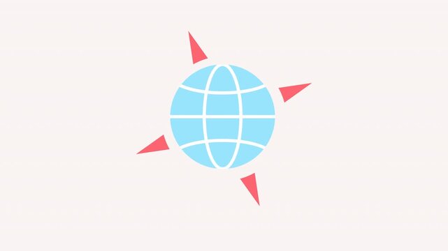 Animated icon of a blue globe with a grid pattern surrounded by rotating triangular pointers, representing global navigation, world travel, or international connections. Isolated on a 4K transparent 