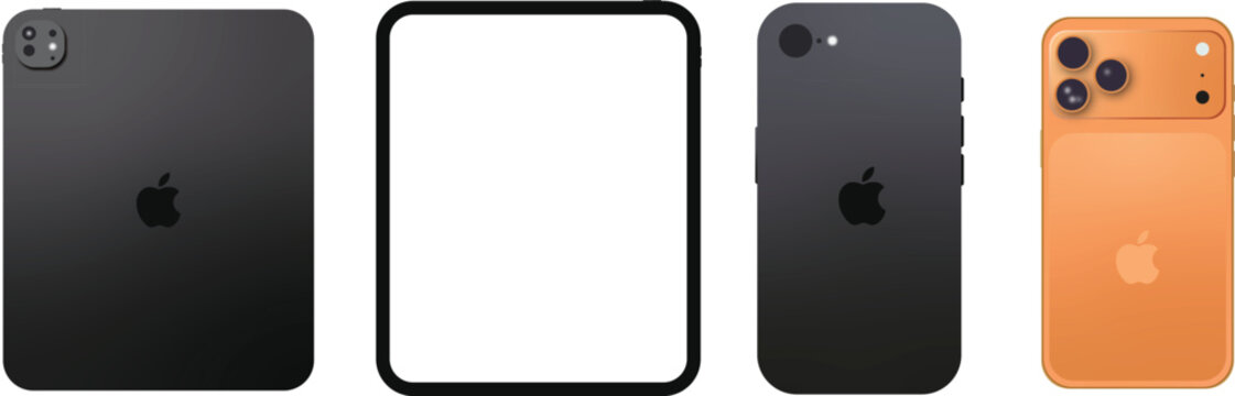  iPad Pro Screen Frame Mockup with iPhone 17 Pro, iPhone 16 Smartphone. Screen ipad front, back side ipa Collection of realistic tablets. Editorial vector.
 
