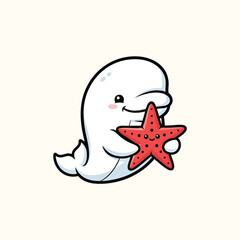Obraz premium A cute cartoon depiction of a white mammal-like creature holding a smiling, red starfish with black dots on a cream background