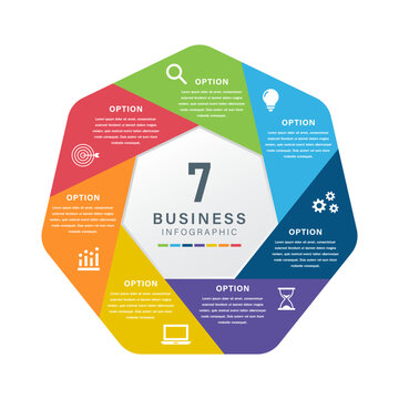 Colorful 7 Sided Business Infographic Template with Icons for Strategy, Innovation, Teamwork, Time Management, Technology, Analytics, and Goals