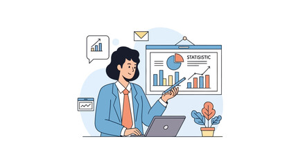 Businesswoman presenting data on graphs and charts.