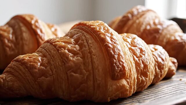 Fresh baked golden croissants on a rustic wooden tray
