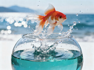 Goldfish leaping from glass bowl toward open ocean with splashing water. Dramatic escape symbolizes freedom, ambition, breakthrough, and courage to pursue bigger opportunities and dreams.
