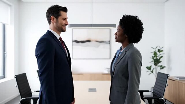 Business professionals shaking hands in a modern office environment.