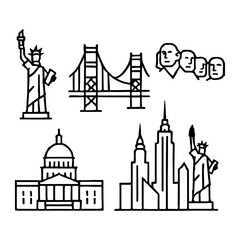 Obraz premium American Landmarks Vector Set – Statue of Liberty, Capitol, Bridges, Skyline