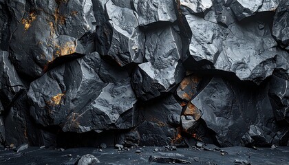 Dark and Textured Rock Formation with Golden Highlights for Striking Visual Appeal and Versatile Applications.