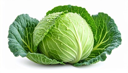 Obraz premium Fresh Green Cabbage Head on White Background for Healthy Eating and Lifestyle Concepts.