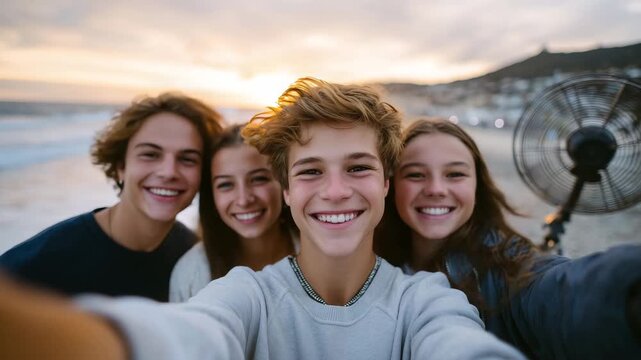 134Close-up selfie perspective of friends at the beach during sunset, hands holding a smartphone in the foreground, joyful faces close together, soft ocean breeze, golden sky and shim
