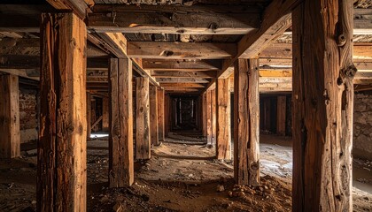 Wooden Support Beams Create a Tunnel Effect with Rough Stone Walls in an Underground Space.