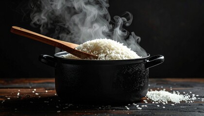 Steaming White Rice in Black Pot with Wooden Spoon Culinary Still Life.