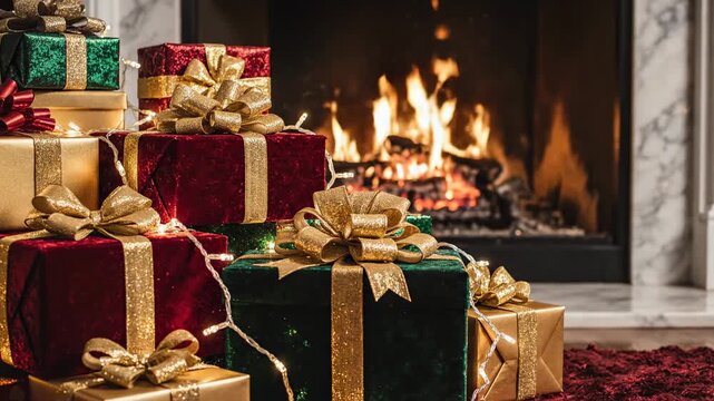 Stacked presents in various colors with golden bows and lights, near a cozy fireplace