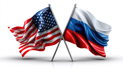 Fototapeta premium United States and Russia flags crossing, symbolizing international relations, diplomatic tension, political conflict, global power rivalry, and national alliance