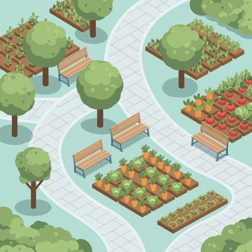 Isometric Community Garden with Various Crops and Benches.