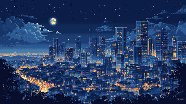 星空と満月に包まれた都市夜景のピクセルアート、ドット絵で再現したビル群と光る街並み、レトロゲーム風スカイライン、動画背景、配信待機画面、広告バナーに使えるノスタルジックなデザイン素材