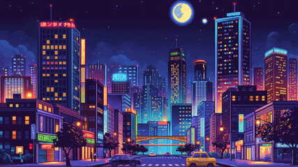Obraz premium 満月が照らす都市夜景を表現したピクセルアートイラスト、ドット絵で描く高層ビル群と輝く街路、レトロポップな雰囲気、動画サムネイル、配信画面、広告、ポスターに活用できる背景デザイン素材