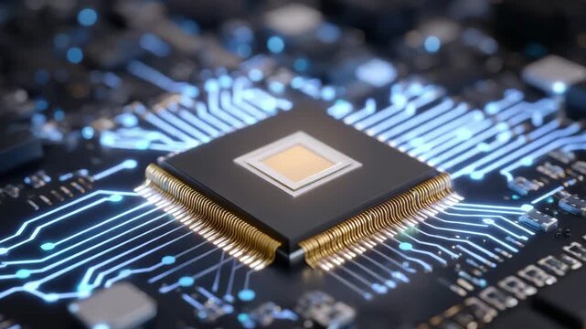 213Ultra-detailed macro of optical sensor and microchip on PCB, flex ribbon cables bending gracefully, orange die component in center, dark studio background enhancing metallic reflec