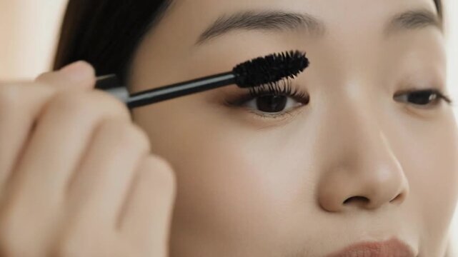 Woman applying mascara to eyelashes in close-up shot indoors