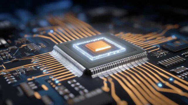 224Ultra-realistic macro shot of optical sensor mounted on PCB, transparent chip housing with central orange die, flex ribbon cables bending elegantly, intricate copper traces, dark h