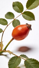 Single ripe rosehip with green leaves on a white background, close-up studio shot