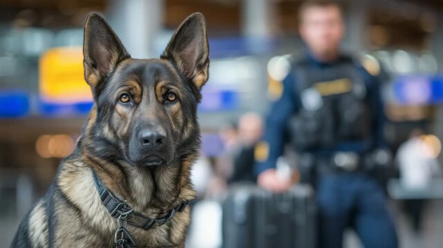 256Close-up of a working bomb-sniffing dog and handler in a transport hub, canine nose close to luggage, handler in uniform supervising, realistic crowd in soft focus, tension and vig