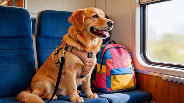 Golden retriever on train with backpack
