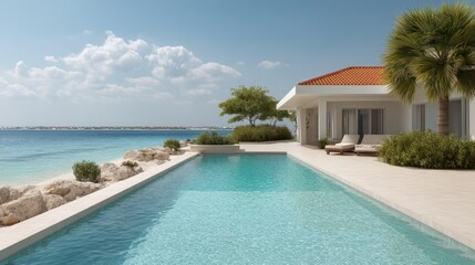 Fototapeta premium Modern beachfront villa with serene pool overlooking ocean waves and tropical landscape under bright blue sky and fluffy clouds