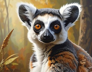 Fototapeta premium Ring-tailed Lemur Portrait - Captivating Gaze in Natural Habitat.