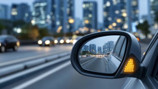 278Close-up of blind spot monitor warning light on a vehicle side mirror, amber LED glowing, sleek car exterior reflecting city lights, modern ADAS dashboard in soft focus, high-tech