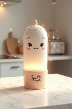 Personaje de molinillo de sal marina de dibujos animados en 3D con expresi&oacute;n encantadora y peque&ntilde;a sonrisa, aura de pureza cristalina brillante