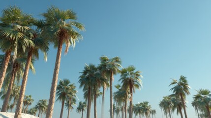Fototapeta premium Lush Tropical Paradise with Tall Palm Trees Against a Clear Blue Sky Under Bright Sunlight on a Beautiful Day in a Coastal Setting