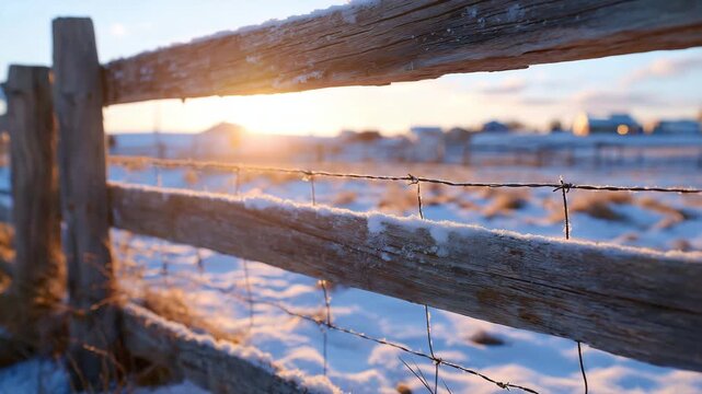 316Closed livestock farm gate at winter pasture entrance, rustic wood and wire construction, faint frost on horizontal beams, soft sunlight casting long shadows on snow-covered ground