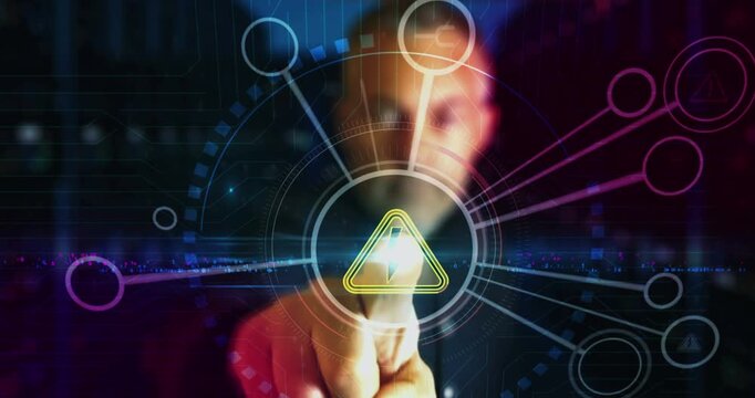 Electricity warning and electric shok hazard symbol digital abstract 3d concept. Finger touch screen. Cyber technology and network background. Man pushes computer display.