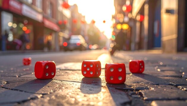 Red Dice Scattered on City Street - A Game of Chance.