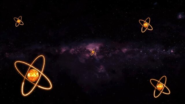 Multiple Fiery Atom Models Orbiting in a Starry Galaxy animated Background atomic nucleus