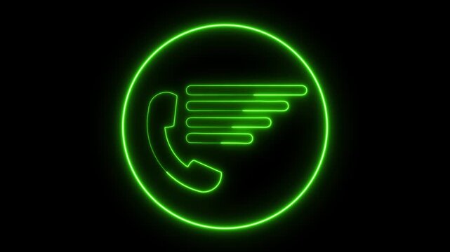 Green neon outline of a telephone icon within a circle on a animated black background communication